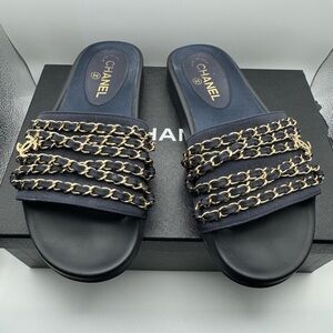 Chanel Chain Slides / Sandals - Navy Blue & Gold - Size 38